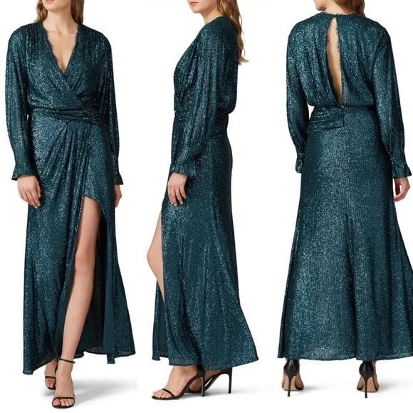 Jonathan Simkhai Sequin Drape Front Gown Emerald Green Teal Size 4 - Picture 1 of 8